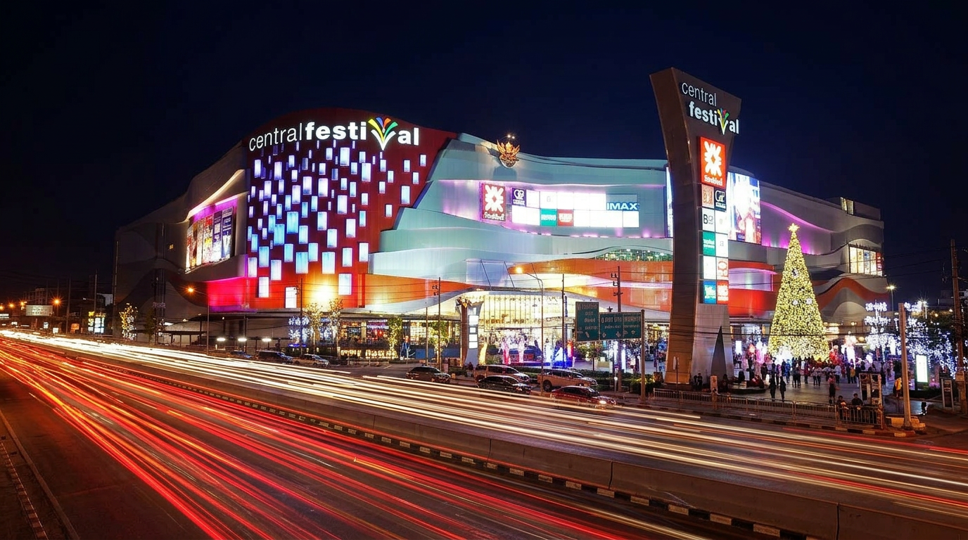 Central Festival shopping mall lit up at night, East Chiang Mai